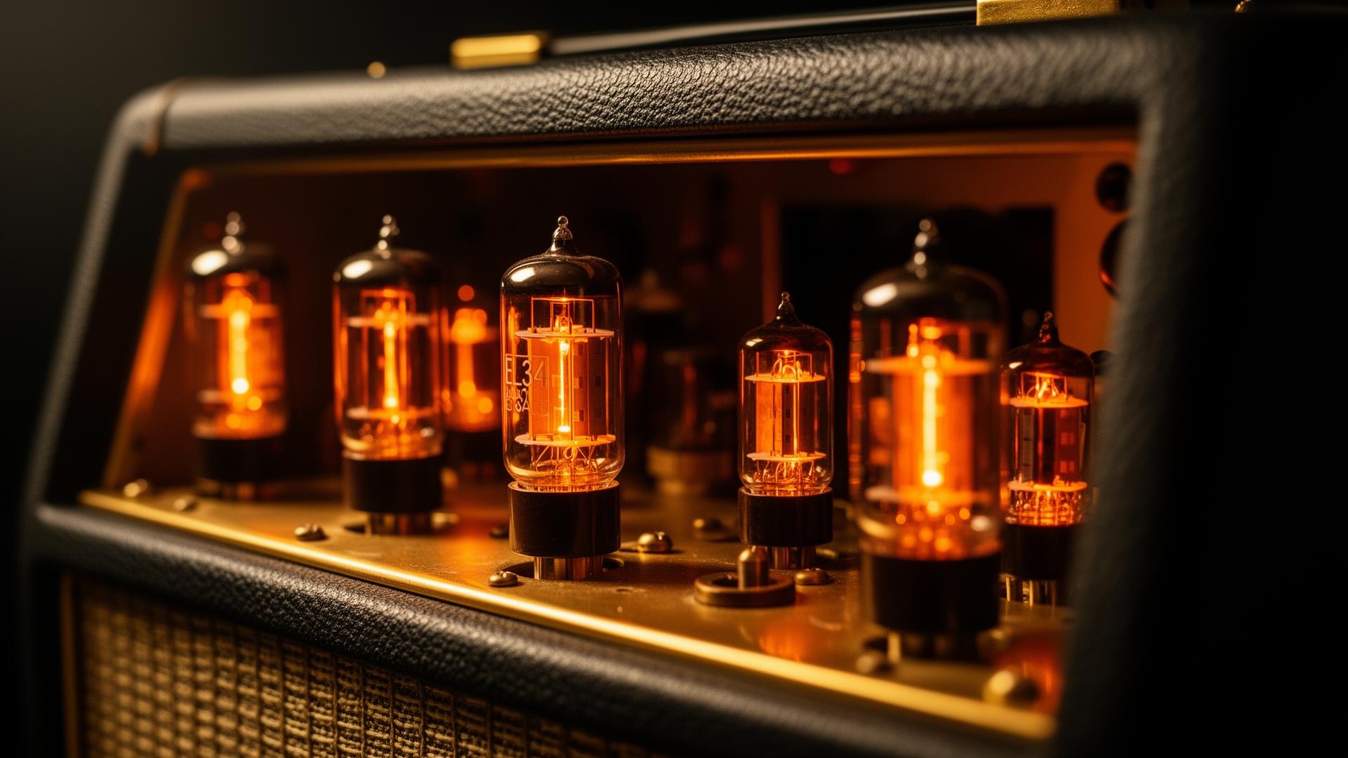 Glowing vacuum tubes in a vintage guitar amplifier
