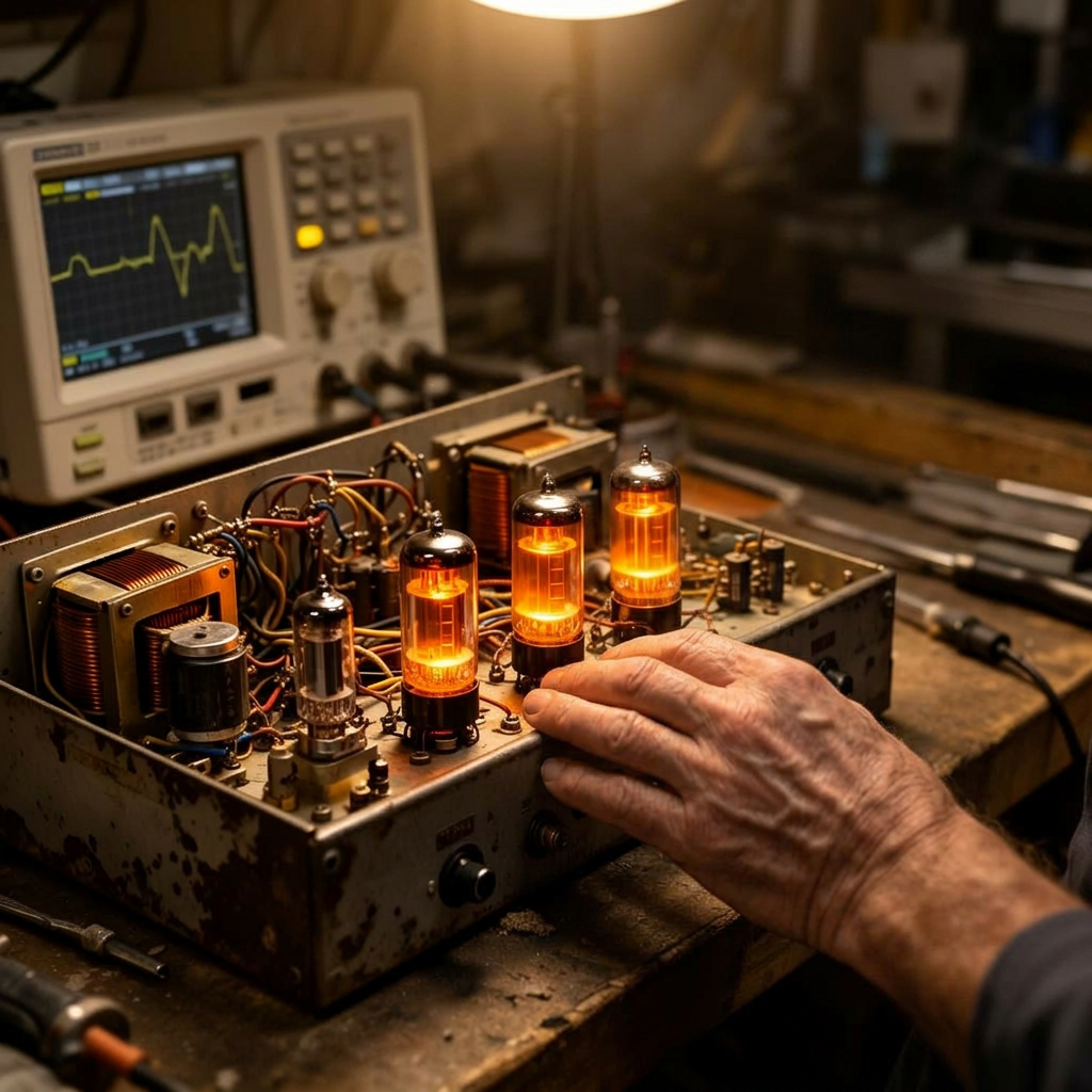 Technician repairing a vintage tube amplifier